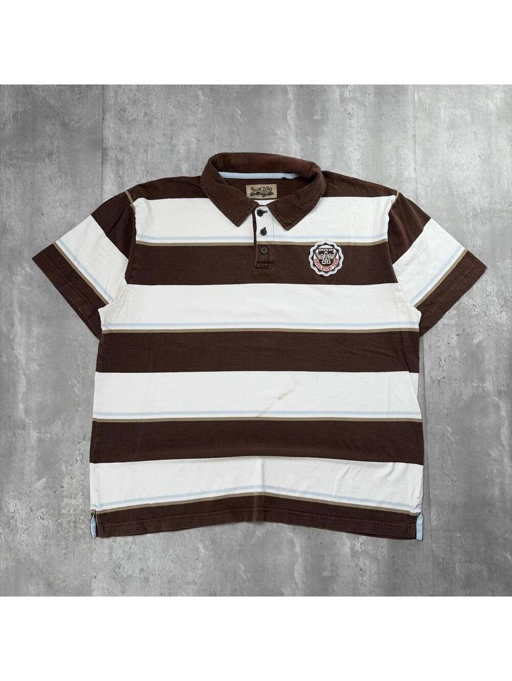 Y2K Brown Point Zero Surf Grunge Striped Gothic Skater Polo Shirt